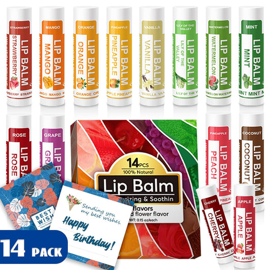 Yopela 14 Pack Natural Lip Balm in Bulk with Vitamin E and Coconut Oil - Moisturizing, Soothing, and Repairing Dry and Chapped Lips Valentine's Gift - 14 Flavors - Non-GMO - With Greeting Card