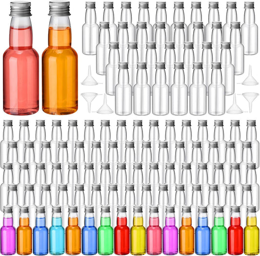 120 Pcs Mini Liquor Bottles Airtight Shot Miniature Empty Plastic Alcohol Spirit Shot Bottles with Funnels for Party Favors, Weddings(2 oz,Silver)