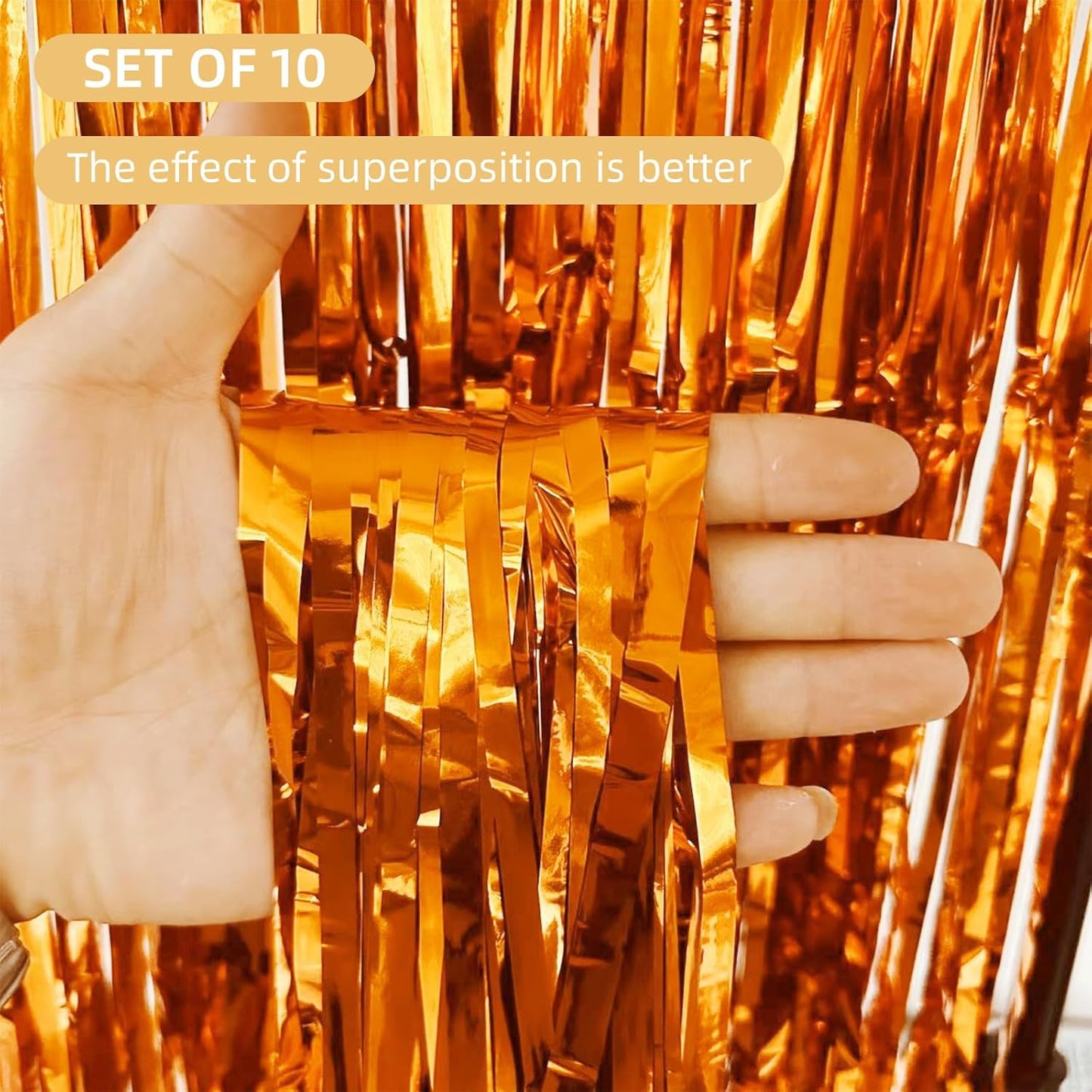 10 Pack Orange Backdrop Curtain 3.2ft x 8.2ft Metallic Tinsel Foil Fringe Curtains Photo Booth Background for Birthday Party Decoration Baby Shower Engagement Wedding Christmas Decoration (Orange)