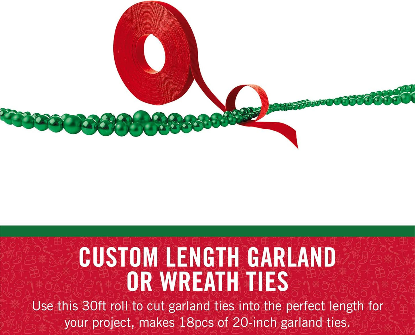 VELCRO Brand Holiday Garland Ties or Cable Straps | Hang Garlands, Lights or Wreath | for Banister, Railings, Stairs or Lamp Posts | 30ft Roll Cut to Custom Length | Red