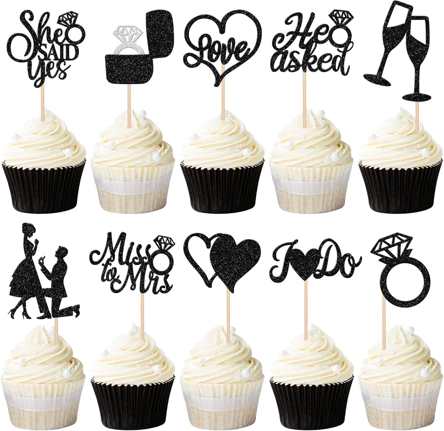 30 PCS He Asked She Said Yes Cupcake Toppers Glitter Engagement Cupcake Toppers Miss to Mrs I Do Love Heart Ring Miss to Mrs Cupcake Picks for Wedding Engagement Party Cake Decorations Supplies Black
