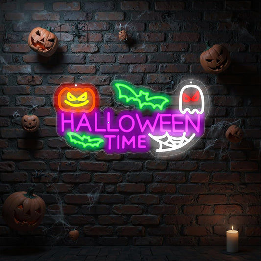 Halloween Time Neon Sign Ghost Decor Sign Spooky Neon Sign, Halloween Hanging Neon Light for Bat Pumpkin Neon Light for Bar Man Cave Horror Party Game Room Man Cave Horror Party Game Room