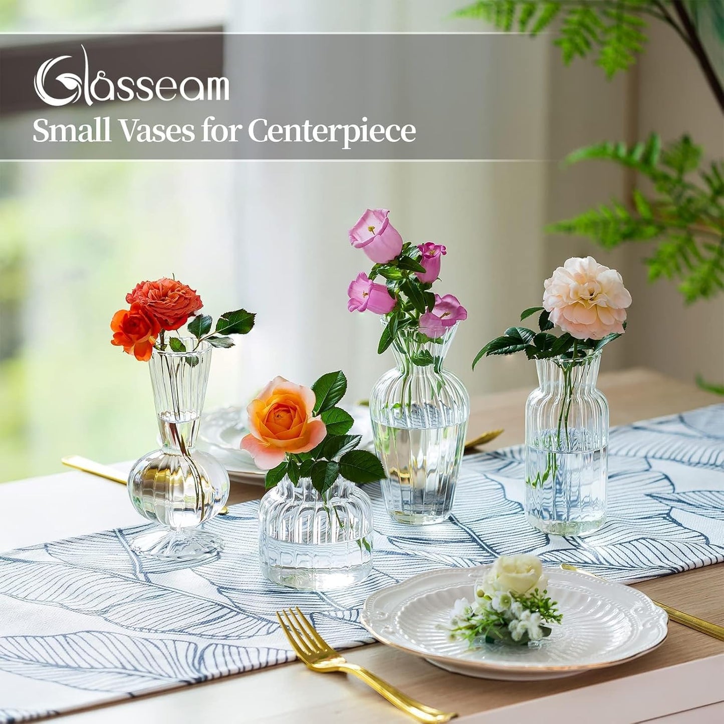 Modern Clear Glass Bud Vase Set: Glasseam 4Pcs Small Mini Flower Centerpieces Vases Handmade DecorativeCute Short Window Corner Home Decor for Wedding Reception Dining Table Single Rose Flowers