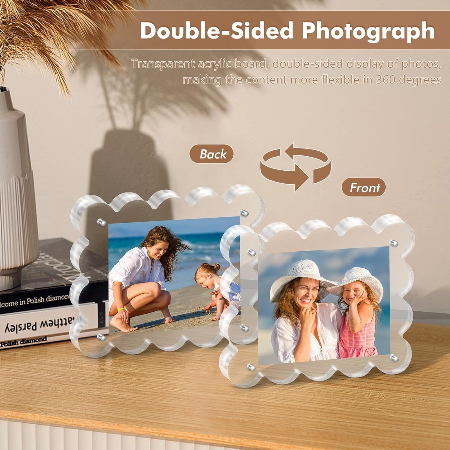 Acrylic Photo Frame 2×3inch - 3Pack Magnetic Picture Frames with 10+10mm Thick Block, Scalloped Edge Design, Double-Sided Magnet Frames for Modern Desktop Display (Clear, 2x3)