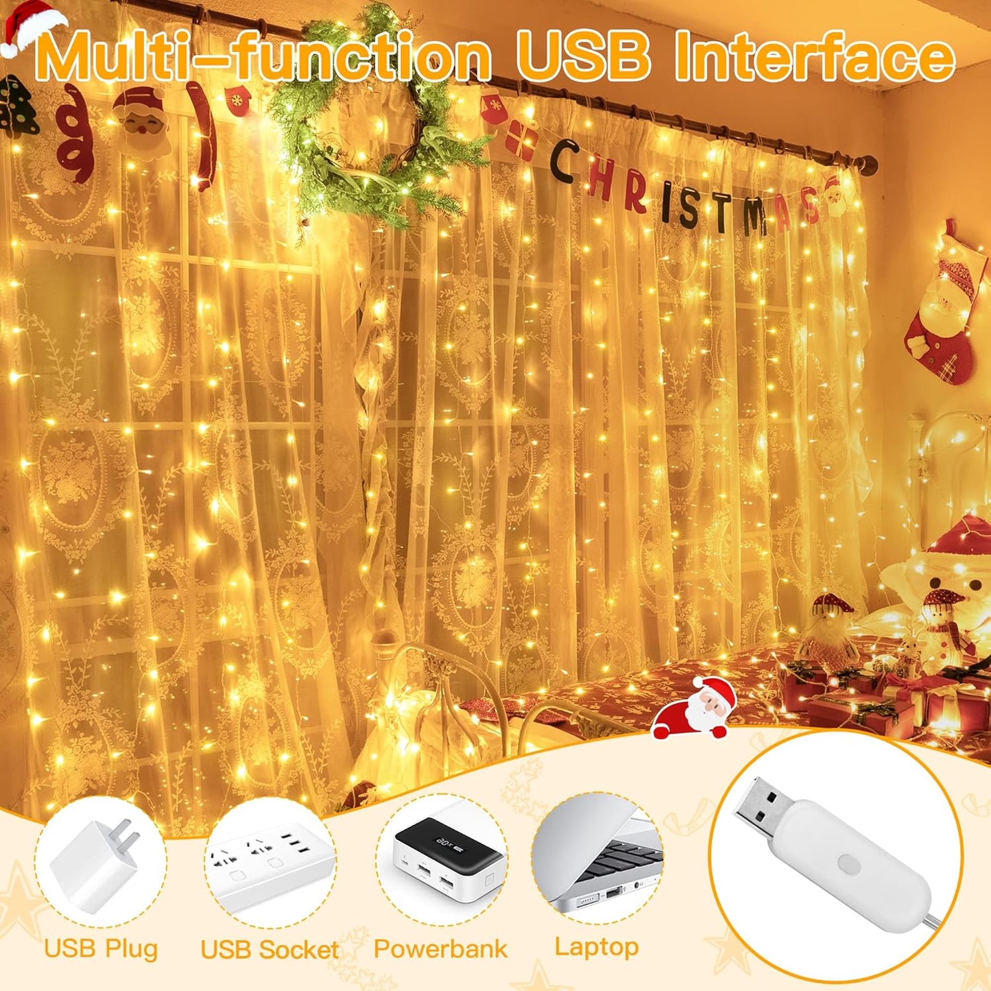 Ollny Curtain Lights 6.6x6.6ft, 200 LED String Lights with Remote 8 Modes Dimmable Timer, USB Power Fairy Light for Bedroom Backdrop Indoor Wall Window Wedding Decor, Warm White