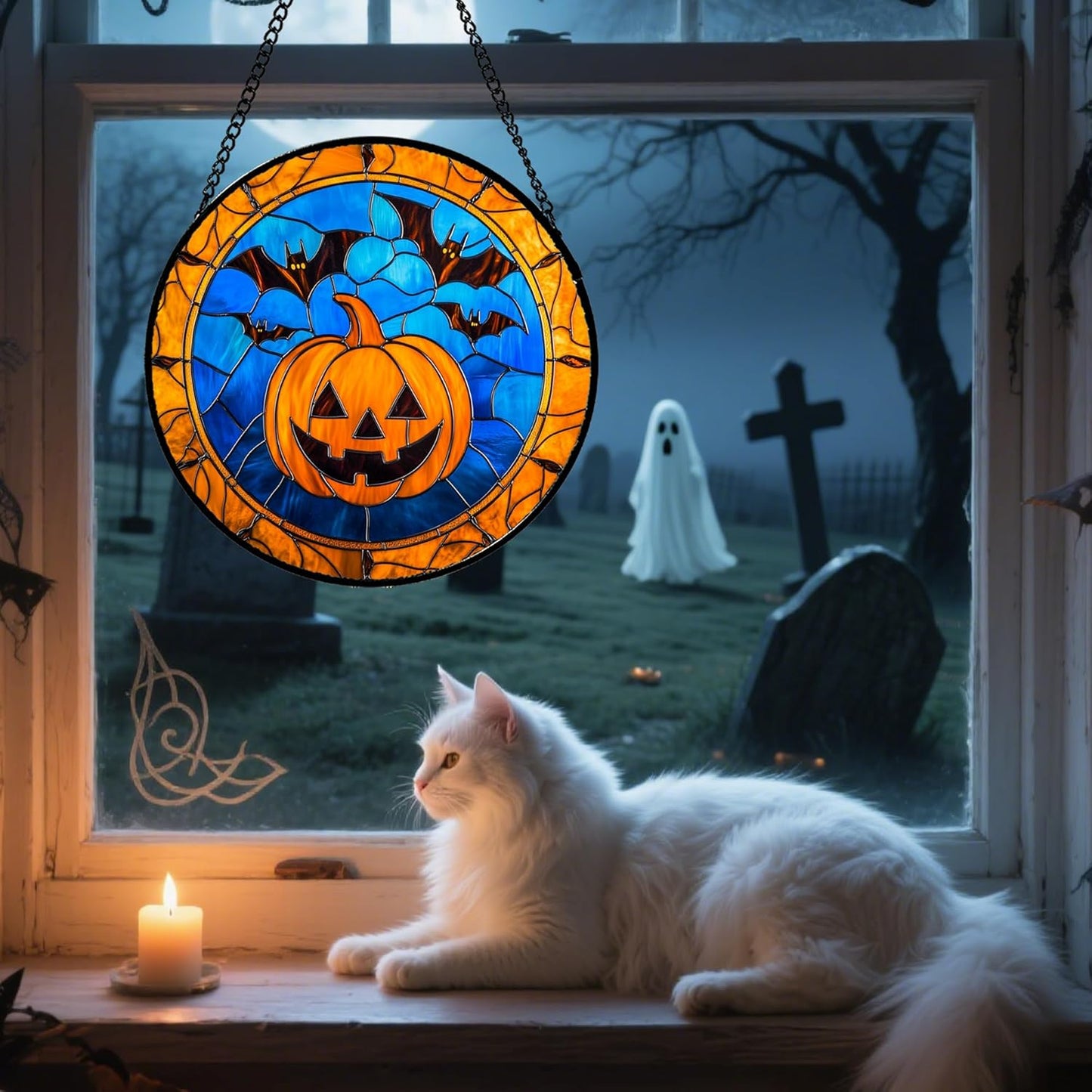 Stained Glass Window Hanging - Halloween Evil Pumpkin Suncatcher for Doors Window Garden Indoor Spooky Brown Bat Sun Catchers Gothic Decor Horror Gifts for Women Men Friend Boy Girl 6.3 in