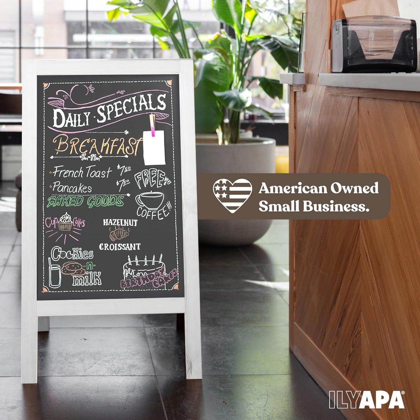 Ilyapa Wooden A-Frame Sign with Eraser & Chalk - 40 x 20 Inches Magnetic Sidewalk Chalkboard – White Menu Display for Restaurant, Business Or Wedding