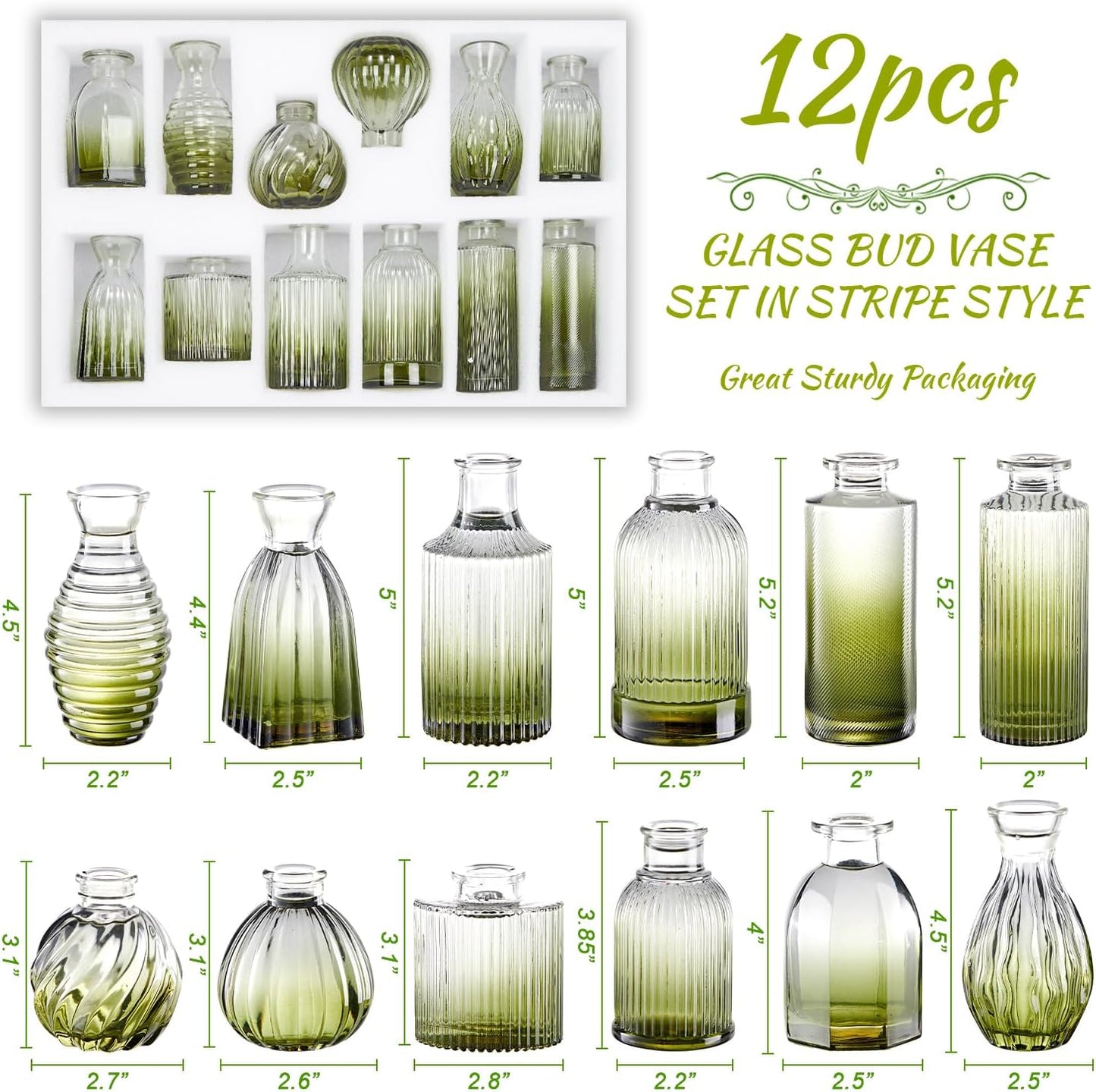 Green Bud Vases Set of 12, Green Glass Vase for Decor, Small Vases for Flowers Ribbed Flower Vase Stripe Bud Vases in Bulk Wedding Birthday Bridal Shower Centerpieces Home Table Decoration