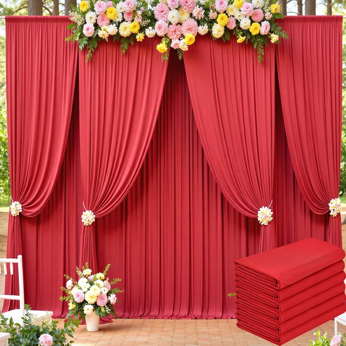 30ft x 15ft Red Wrinkle Free Backdrop Curtains for Parties,Silky Polyester Fabric Wedding Ceiling Drapes, 6 Panels 15ft Photo Back Drop Drapes for Baby Shower Photography Stage Background Cloth