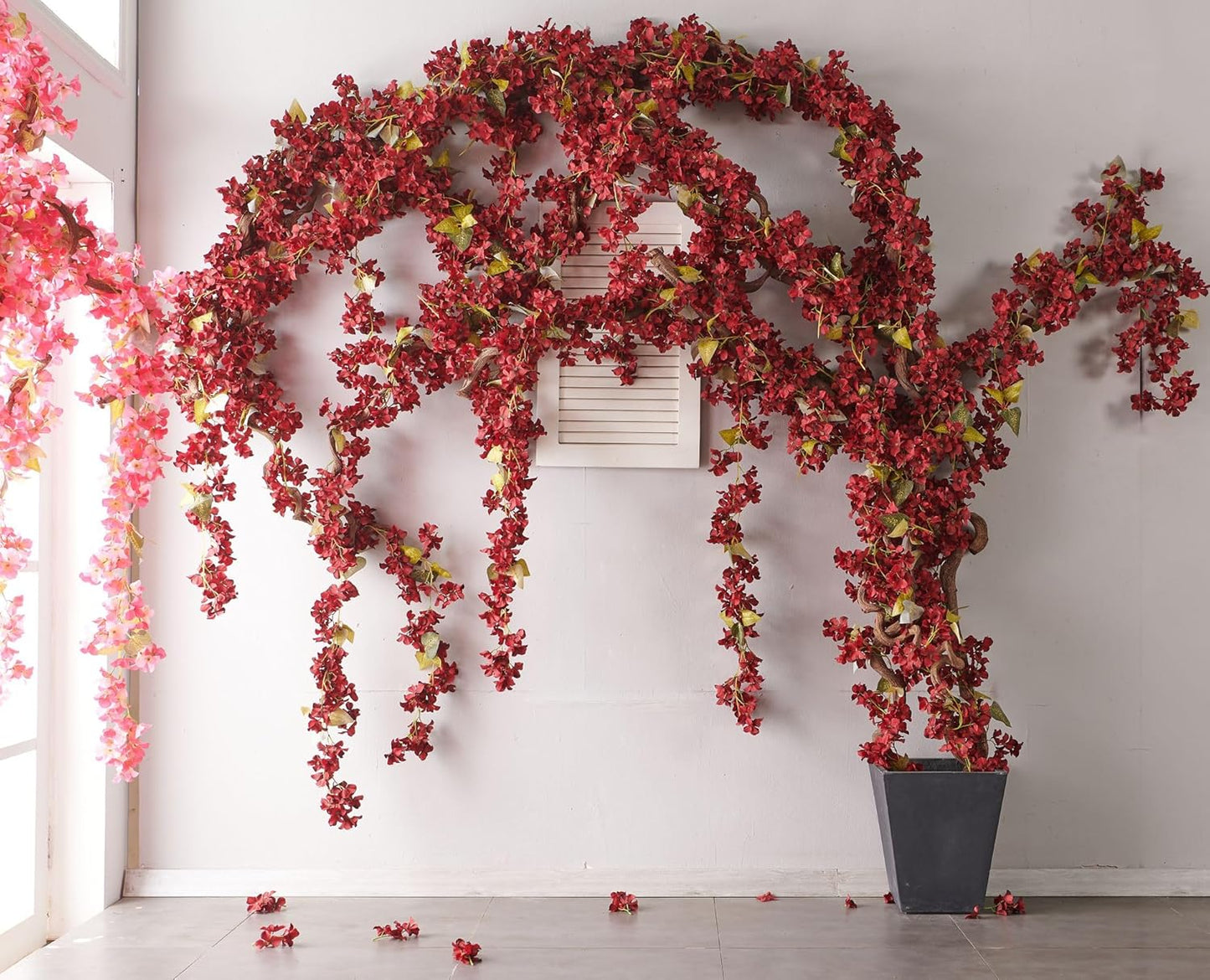 Flower Garland, Artificial Hydrangea Vine Flowers, Hanging Fake Hydrangeas Vine for Room Anniversary Wedding Birthday Christmas Wall Arch Decor, 2 Pcs, Floral Garland, Red Flower