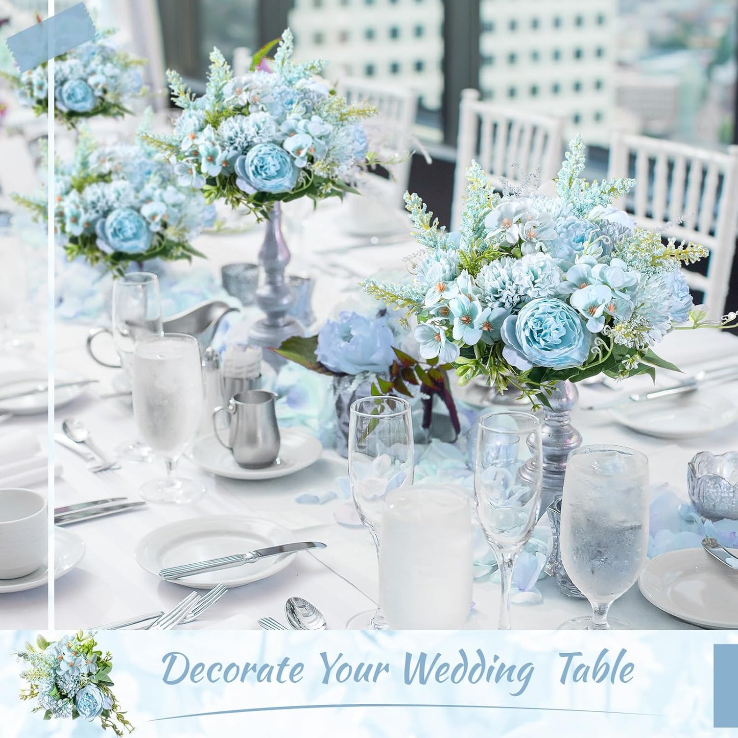 Zeyune 8 Pcs Wedding Silk Flowers Fake Silk Flowers Faux Bouquet Hydrangea Bouquets for Wedding Birthday Party Table Centerpieces Home Decoration(Blue,Peony)