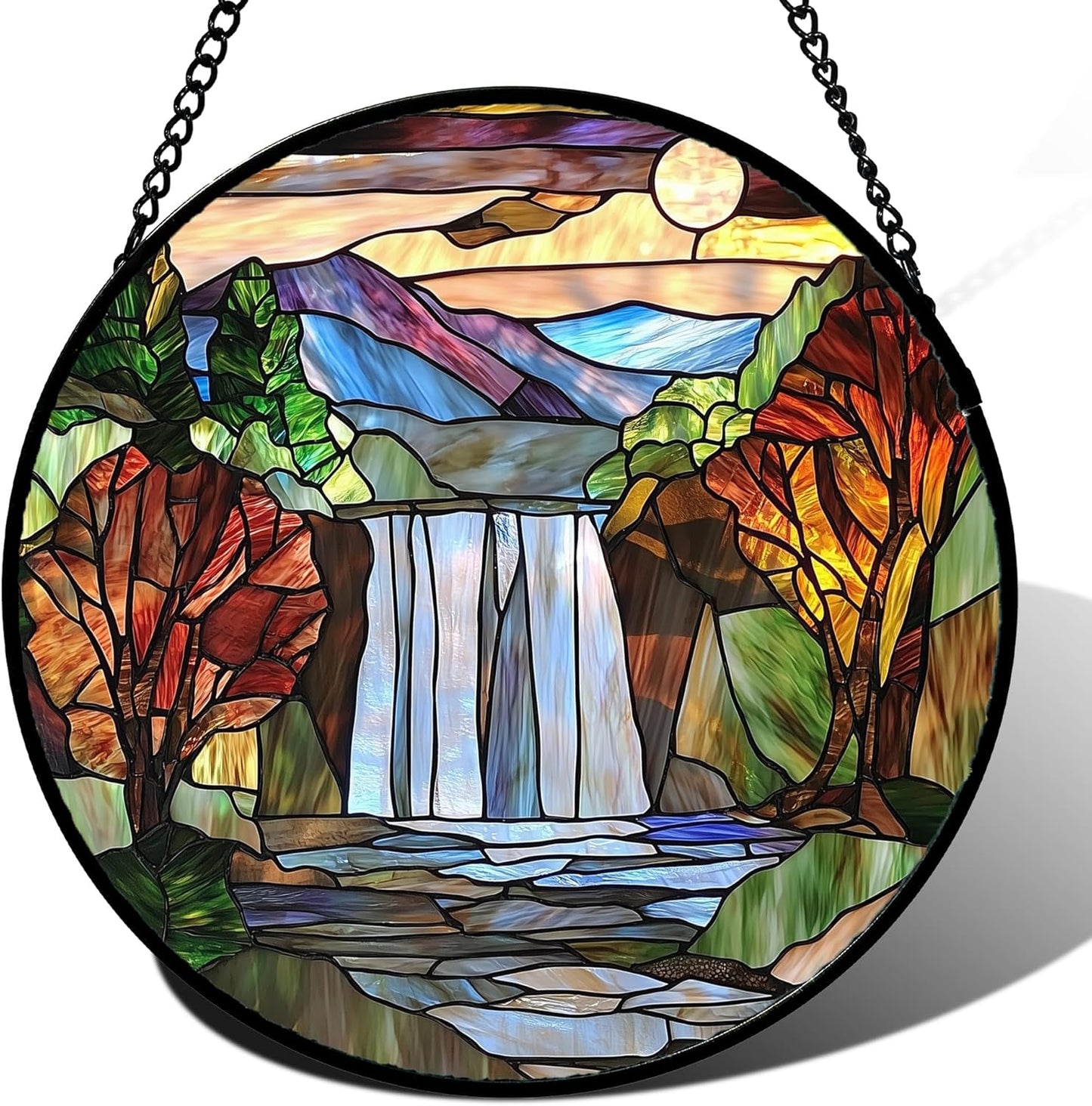 Stained Glass Window Hanging, Abstract Landscape Waterfall Mountains Trees Suncatcher for Doors Window Home Sun Catchers Decor Mother's Day Birthday Gifts for Women Men Mom 9.8 in