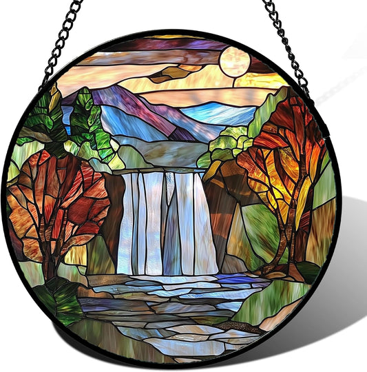 Stained Glass Window Hanging, Abstract Landscape Waterfall Mountains Trees Suncatcher for Doors Window Home Sun Catchers Decor Mother's Day Birthday Gifts for Women Men Mom 15 in
