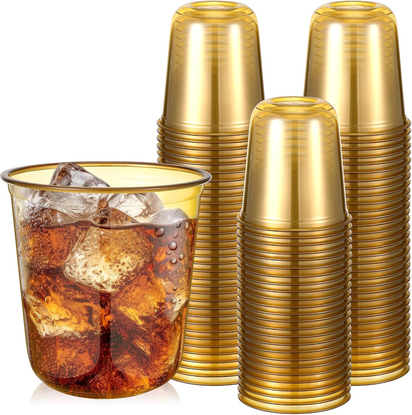 50pcs Disposable Stemless Glasses 12oz Crystal Plastic Wine Glasses Clear Classic Pet Cup for Meeting Weddings Birthdays Cocktail Christmas Party Supplies (Gold)