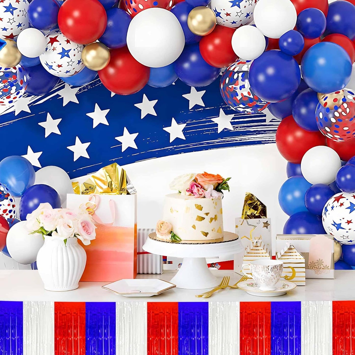 4 Pack 10 Ft White Blue Red Foil Fringe Garland Metallic Streamers Tinsel Banner Wall Hanging Garland Backdrop for Parade Floats, Halloween, Christmas, Thanksgiving, New Year Party Decorations