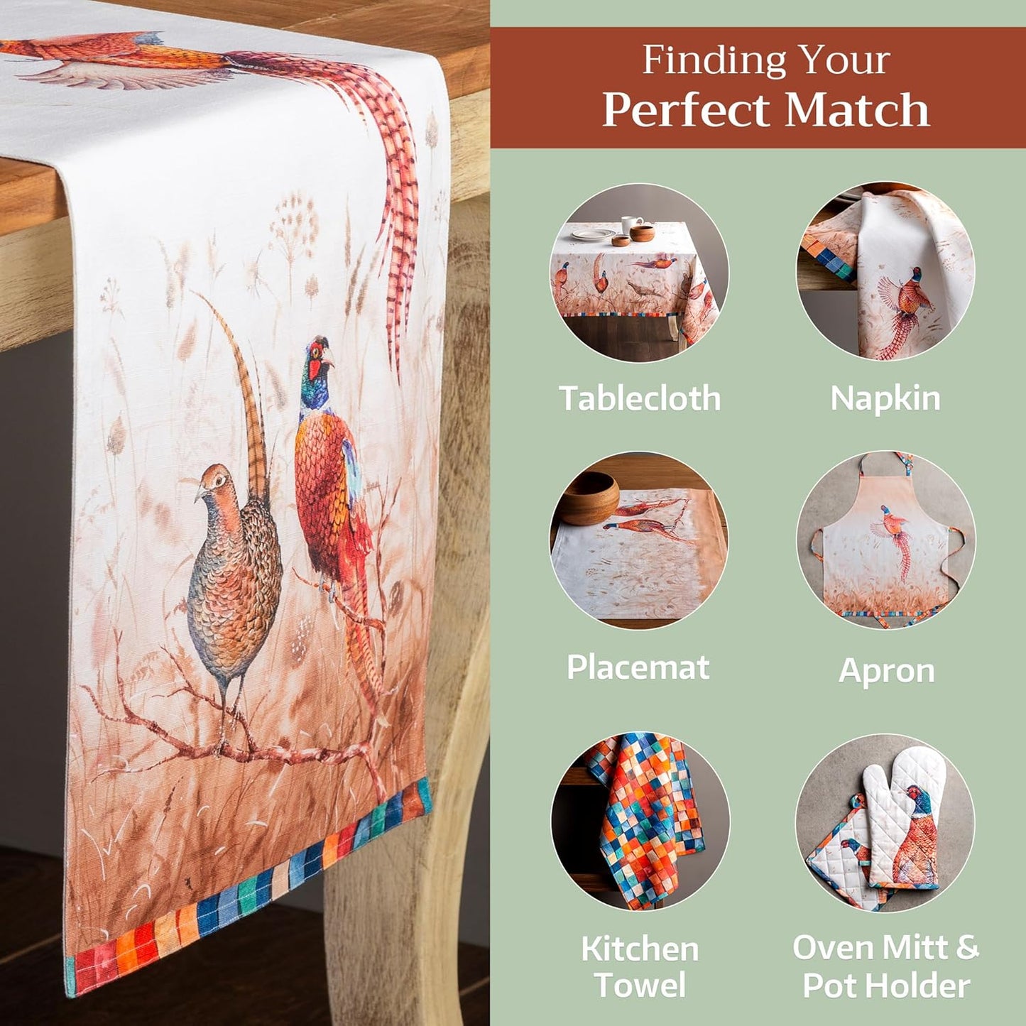 Maison d' Hermine Table Runner 100% Cotton Double Layer Table Runners 72 inches Long for Thanksgiving Christmas Decorations Home Kitchen Dining Party Wedding (Faisan D'Automne, 14.5" x 72")