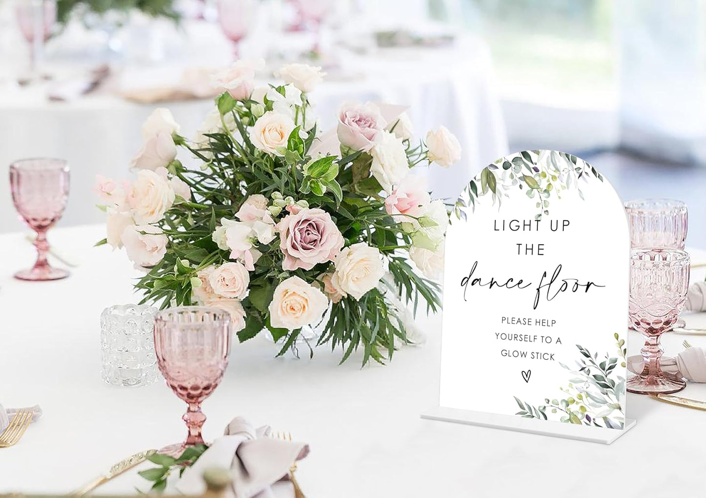 Greenery Glow Stick Sign, 6 x 8 Inch White Arch Acrylic Wedding Sign with Holder, Wedding Sign for Ceremony and Reception, Wedding Decoration, Wedding Supplies - LY22