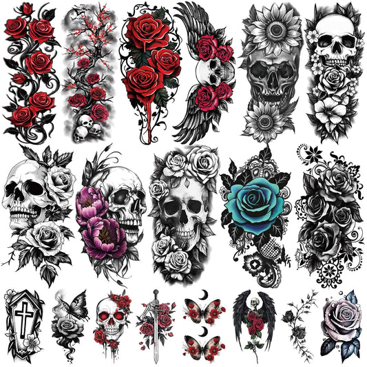 77 Sheets Skull Flower Realistic Temporary Tattoos For Women Men Adult, Large Rose Bones & Flowers Floral Fake Tattoos Girl, Skeleton and Spooky Halloween Temp Tatoo Sticker Thigh Back Leg Body Art