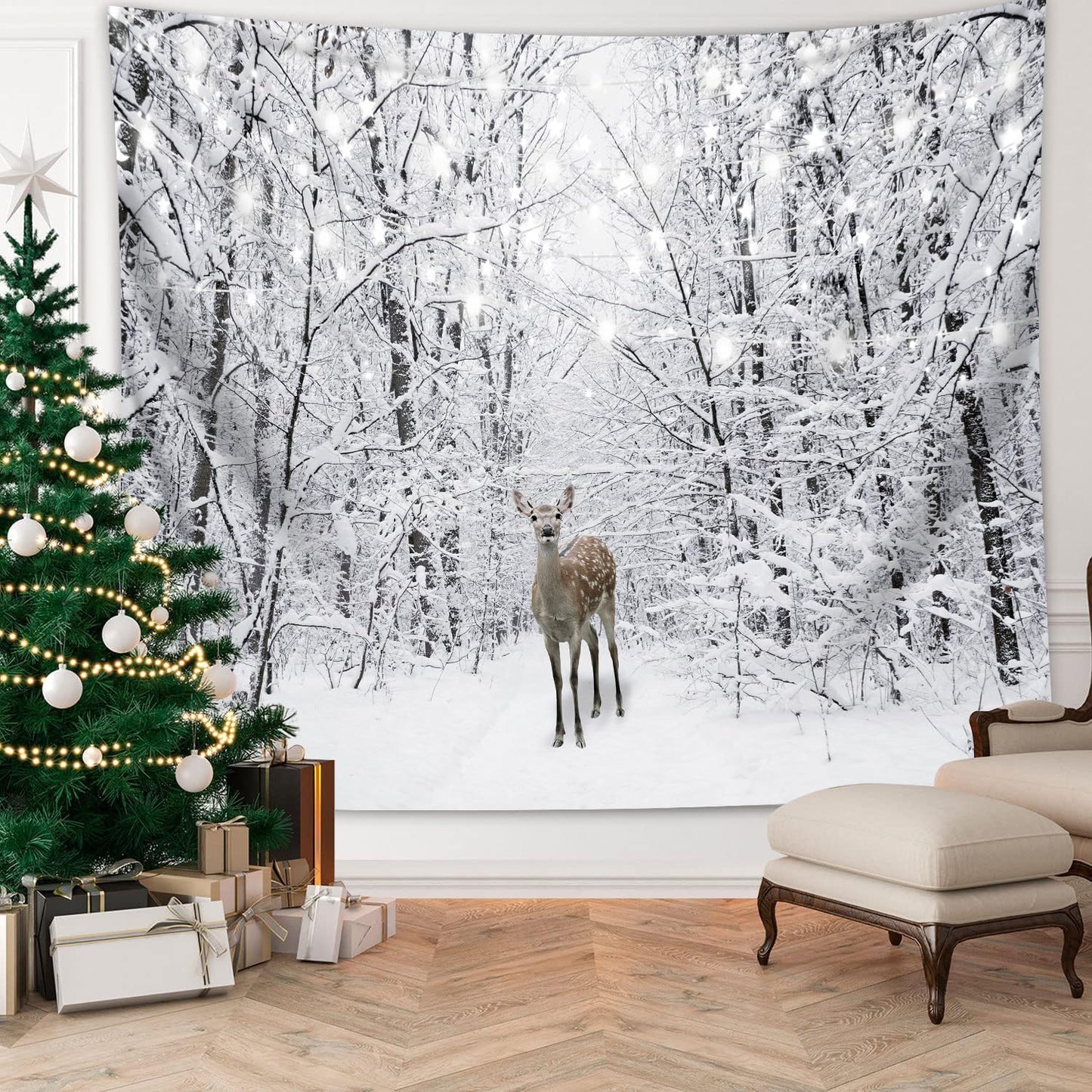 QGHOT Winter Tapestry Wall Hanging Snow Scene Backdrop Winter Wonderland Wall Decor Snowy Forest Wall Art Nature Woodland Deer Tapestry for Bedroom Room Dorm Party Decoration, Large