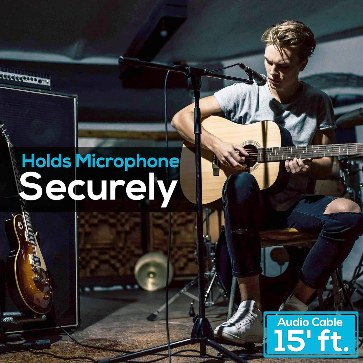 Pyle Dynamic Microphone and Tripod Stand-Height Adjustable from 2.6' to 5.1 Telescoping Boom Arm Mic Length 7.48'' Inch w/Acoustic Pop Filter-Includes 15' ft XLR Cable PMKSM20, Black