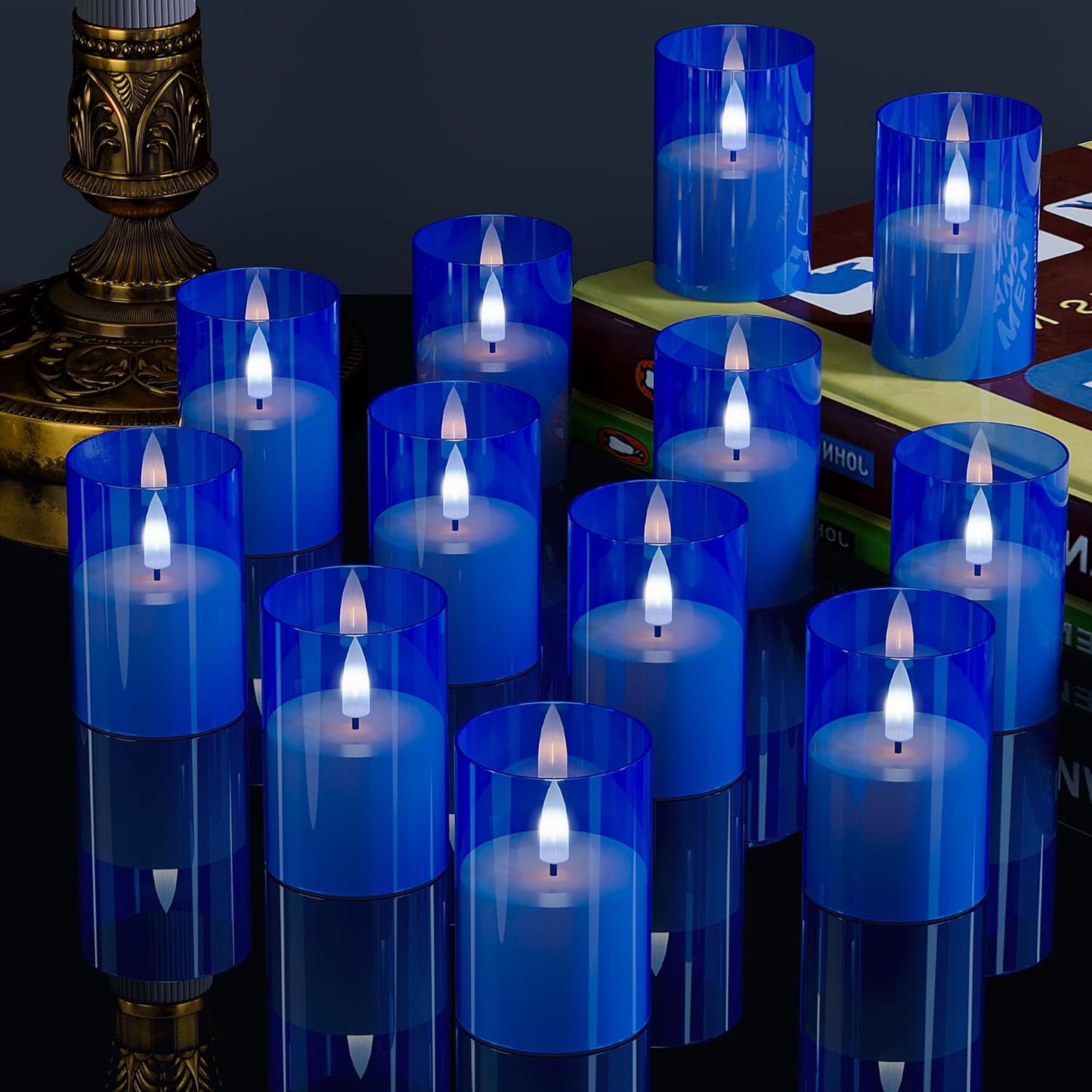 12Pack Flickering Flameless LED Candles with Timer, Battery Powered - Small Pillar & Votive, Acrylic Made, Blue (2"X3")