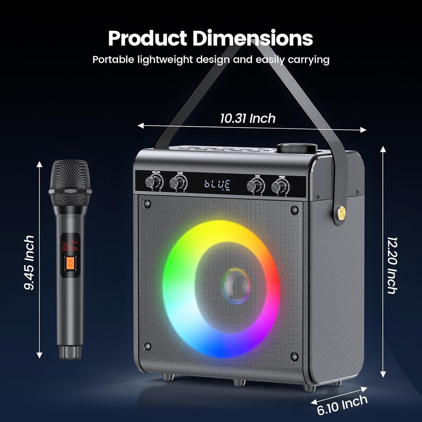 Karaoke Machine with 2 Wireless Microphones, Portable Bluetooth Speaker for Adults Kids with Bass Treble Echo PA System with Remote,LED Light, Supports TF Card,USB,AUX in,TWS,FM,REC for Party