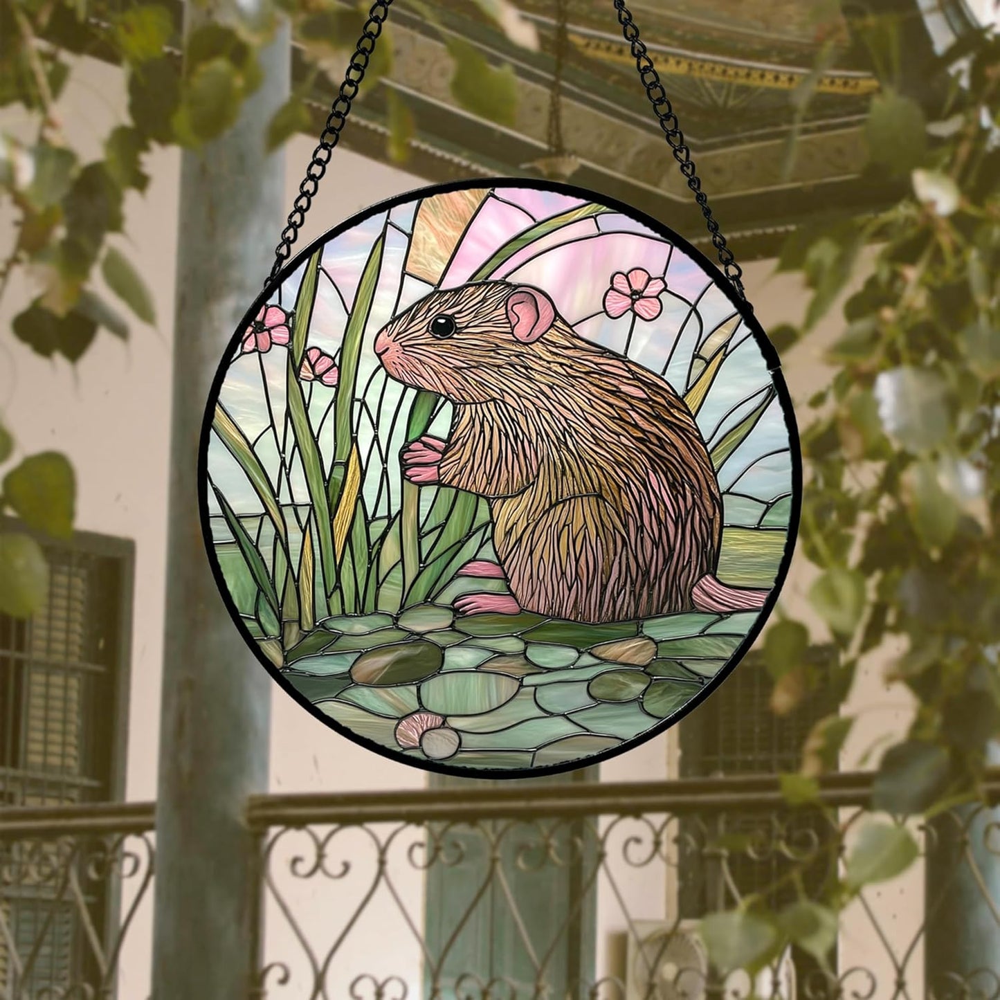Stained Glass Window Hanging 4 Pcs Set Cute Animal 7.8"- Green Plant Pink Suncatcher Door Garden Sun Catcher Decor Birthday Christmas for Mom Woman Nana Men Friend