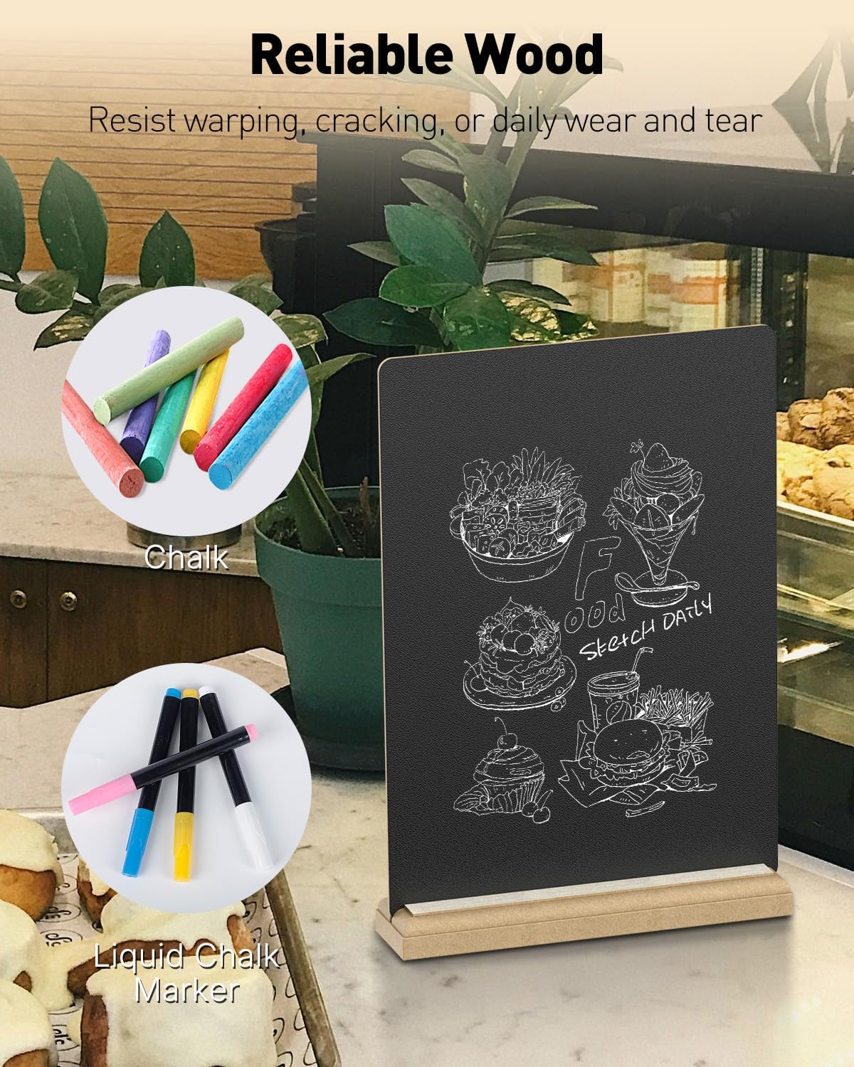 Uniclife 3 Pcs A4 Tabletop Chalkboard Sign with Stand & Chalk Markers, 8.3 x 11.7 Inch, Double-Sided Wooden Chalk Board Sign for Tables, Menu Board for Bar Restaurant Wedding