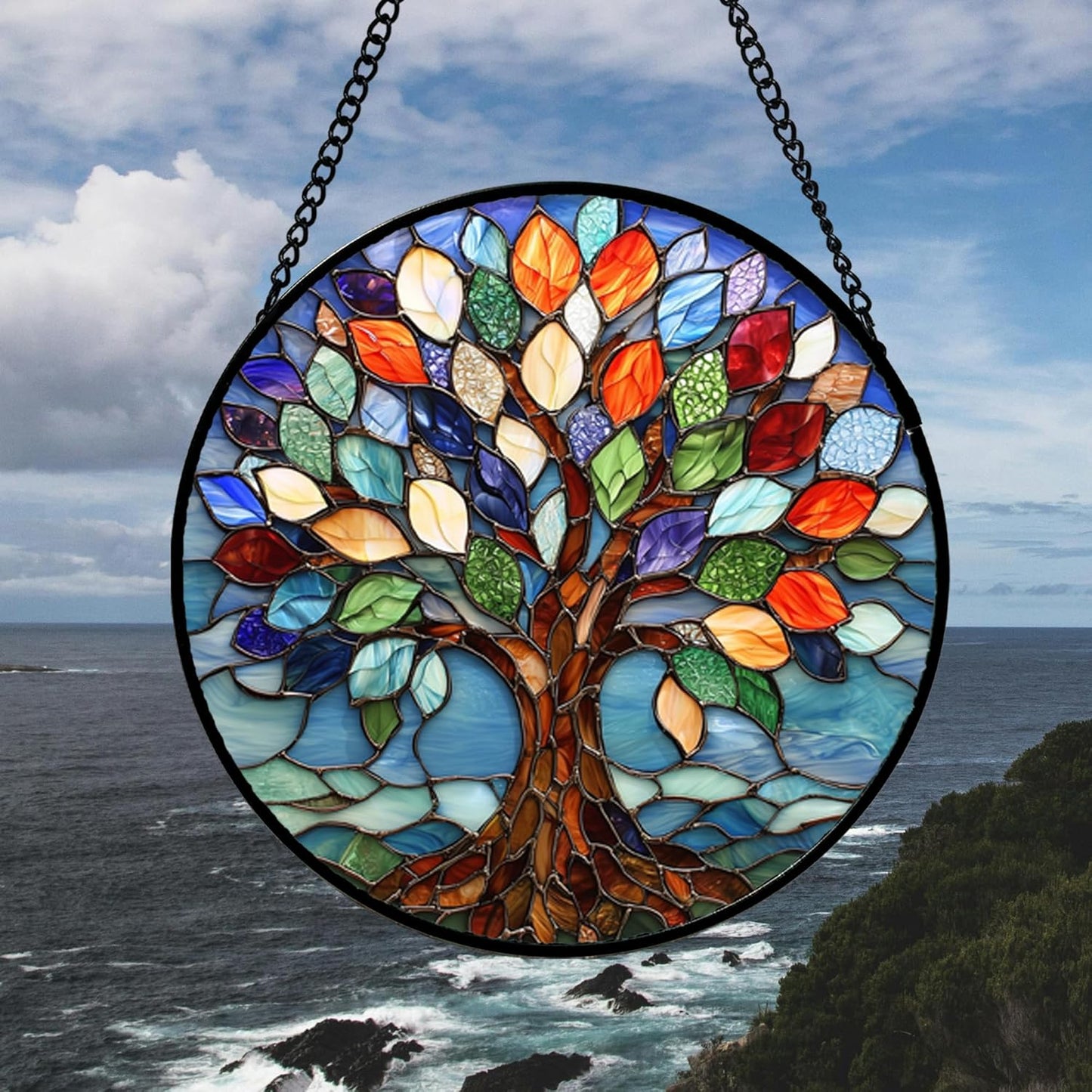 Stained Glass Window Hanging, Colorful Tree of Life Sun Catchers Glass Panel Blue Suncatcher Decor for Birthday for Women, Men, Wife, Aunt, and Mom 14.9x14.9 in