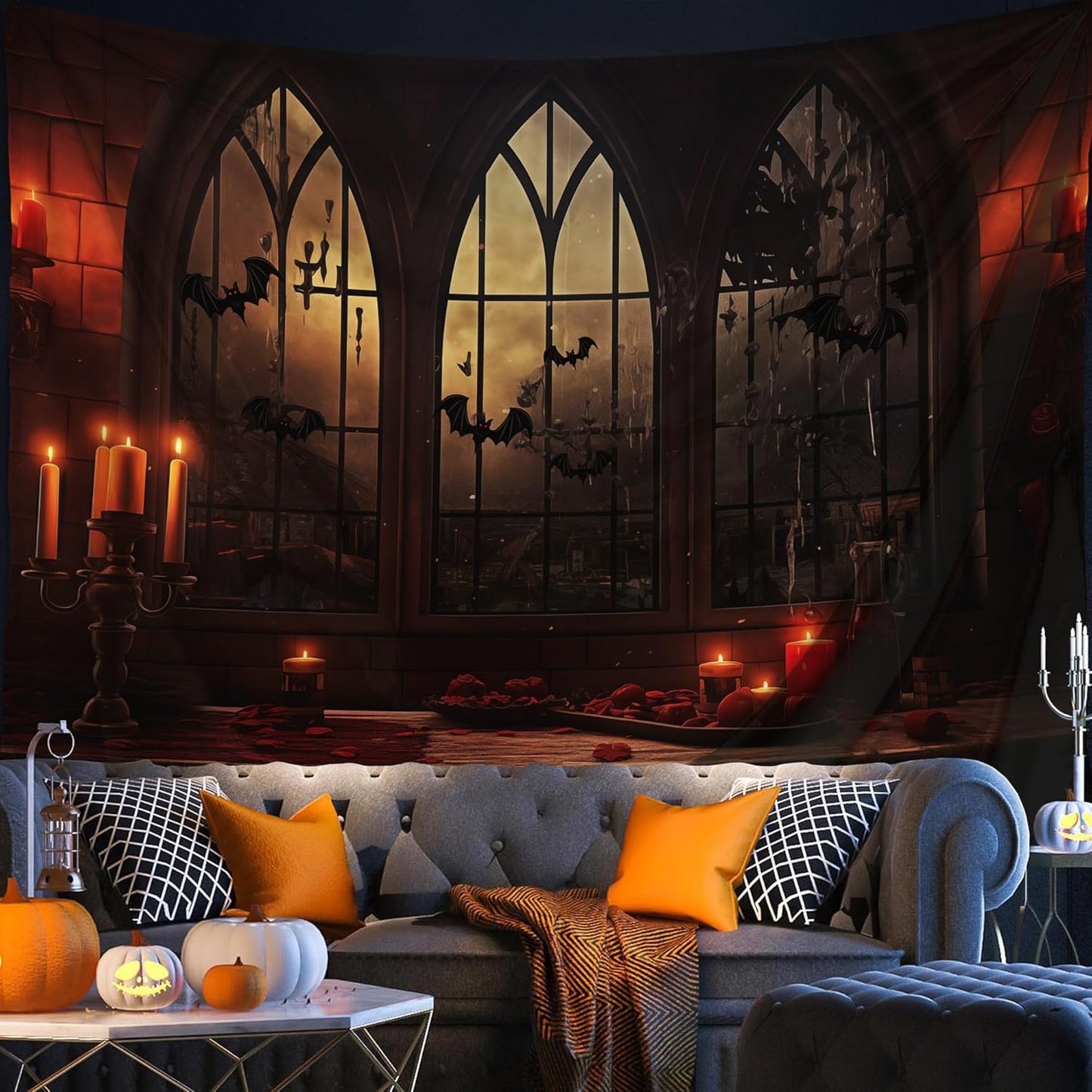 QGHOT Halloween Tapestry Wall Hanging Horror Castle Window Tapestry Gothic Spooky Backdrop Vampire Medieval Tapestries for Bedroom Living Room Dorm Wall Art Decor (104"x78.7")