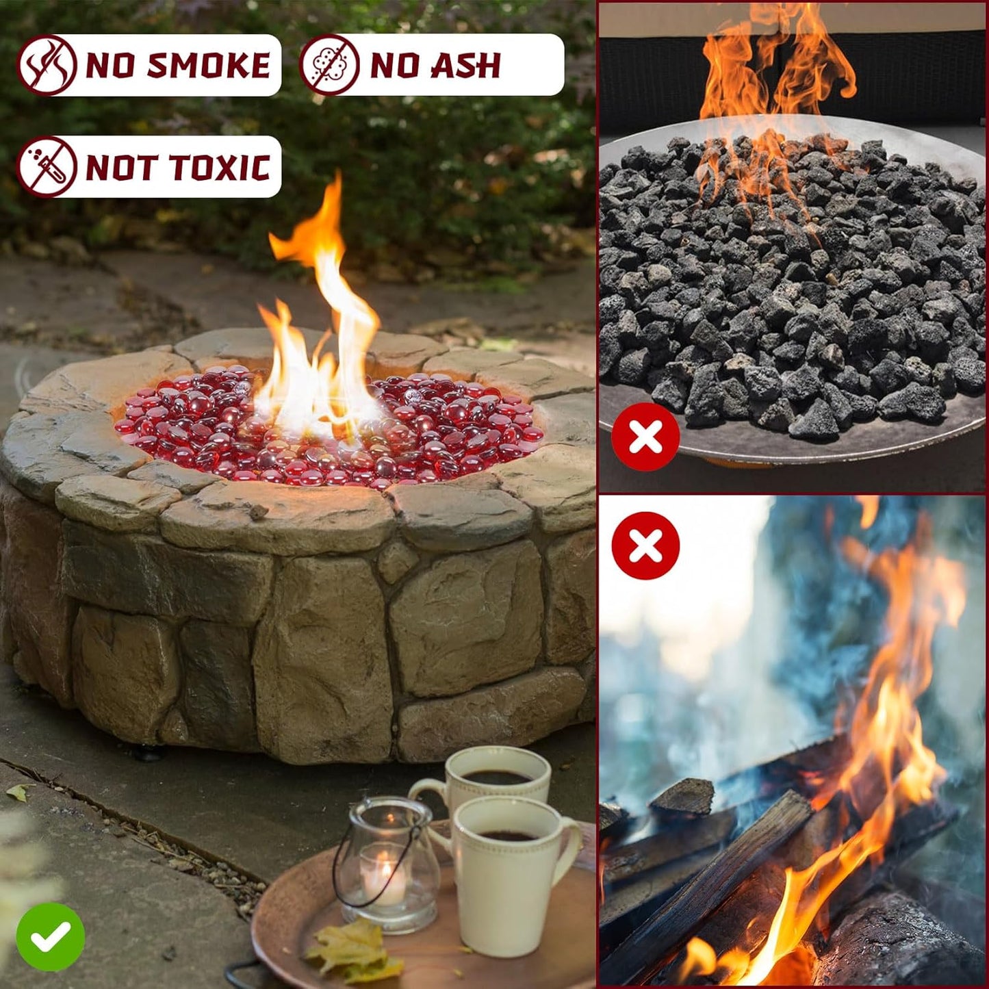 Fire Pit Glass Beads, Red Luster Reflective Tempered Glass Rocks for Natural, Propane or Gas Fireplace, Fire Pit Table, Marbles for Vase, Landscaping, Home Decor, 20lb