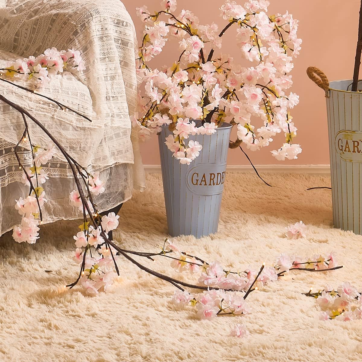 Fudios Lighted Garland Spring with Cherry Blossom 96 Fairy Lights 6FT for Mantle Year Round,Flower Garland with Lights with Timer Battery Operated for Wedding Party