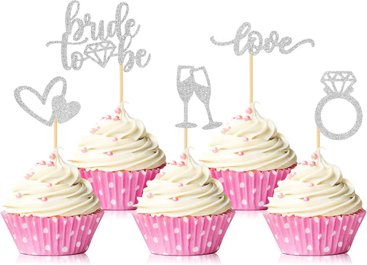 35 Pcs Glitter Diamond Ring Bride to be Love Cupcake Topper Champagne Cake Picks Decorations for Bridal Shower Wedding Engagement Party Supplies, Silver