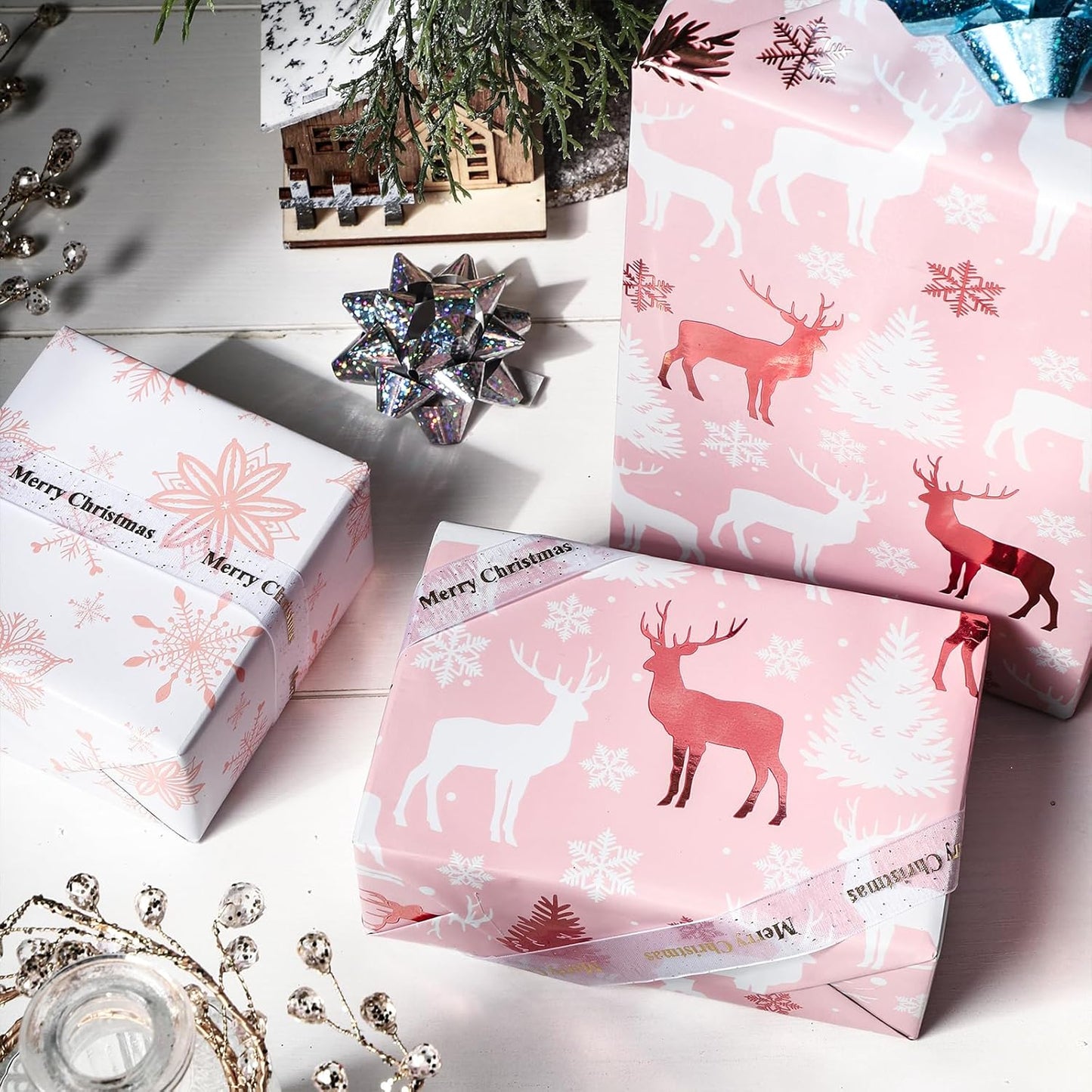 LeZakaa Christmas Pink Wrapping Paper Jumbo Roll, Reindeer & Snowflake, Metallic Foil, Rose Gold Foil Reversible Design for Festive Winter Holiday, Family Gathering, 30 inches x 100 Feet