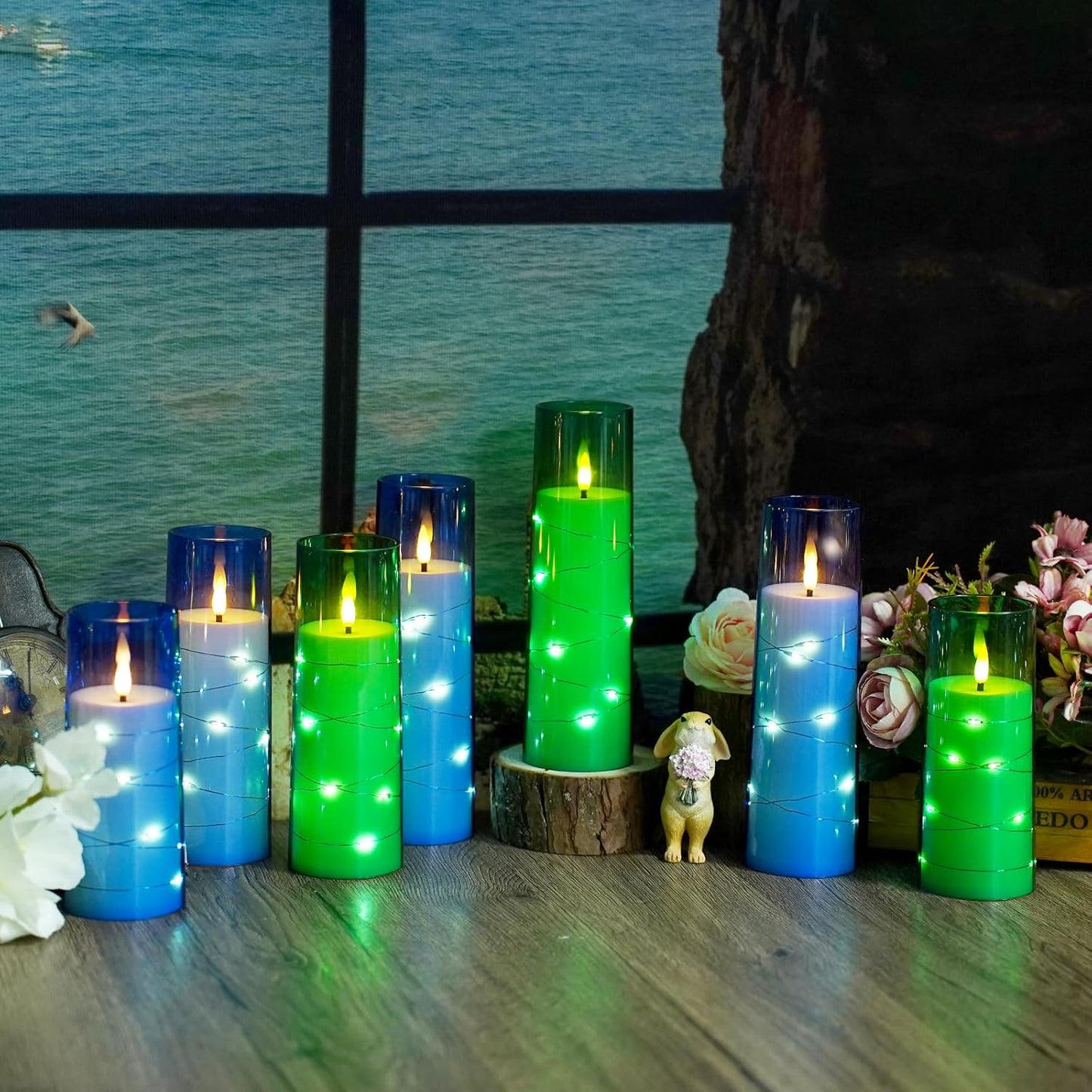 Flameless LED Candles with Timer 9 Pc Flickering Flameless Candles for Romantic Ambiance and Home Decoration Stable Acrylic Shell,with Embedded Star String，Battery Operated Candles（Blue）