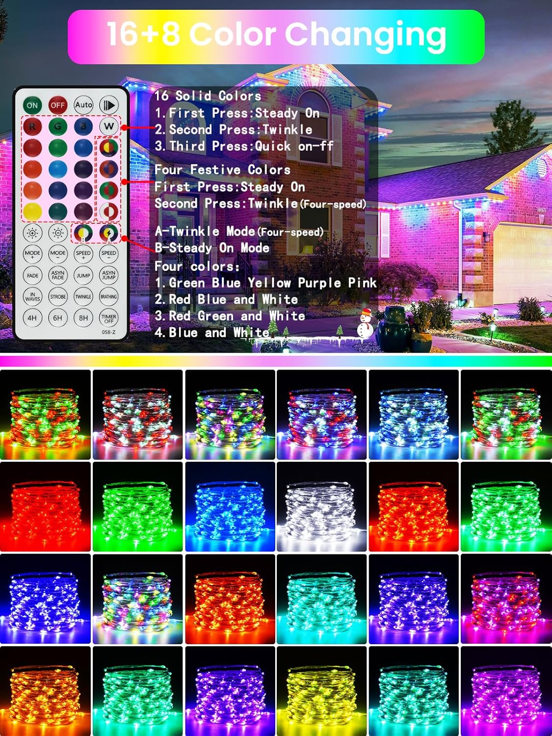 66Ft 200 LED RGB Color Changing Halloween Fairy Lights Plug in, Waterproof String Lights with Remote for Outdoor & Indoor, 24 Colors Twinkle Lights with Timer for Girl's Room Christmas Decorations