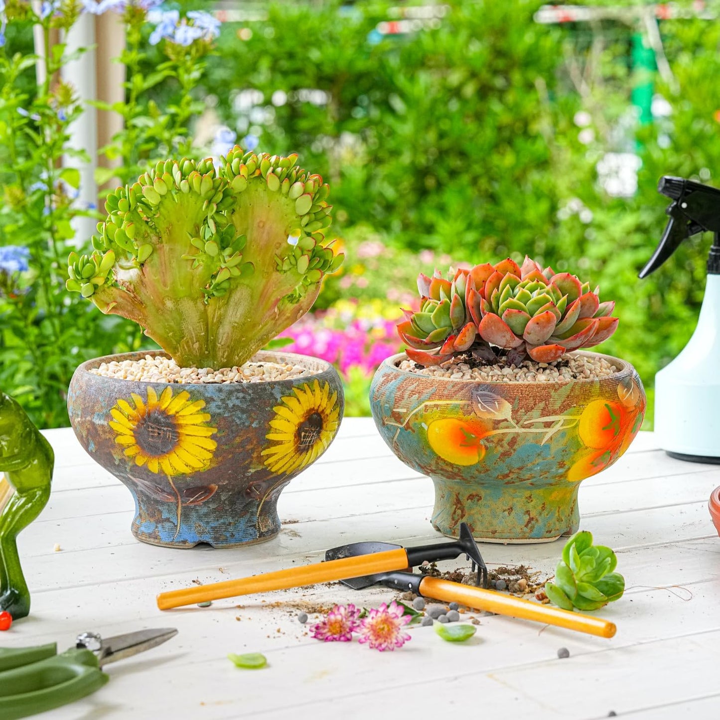 Sungmor Small Succulent Planters Set of 2, Beautiful Hand Crafted Ceramic Plant Pots Cute Cactus Pot, 6.5 Inch Flower Pots for Indoor Plants with Drainage, Desktop Windowsill Home Office Decor Pots