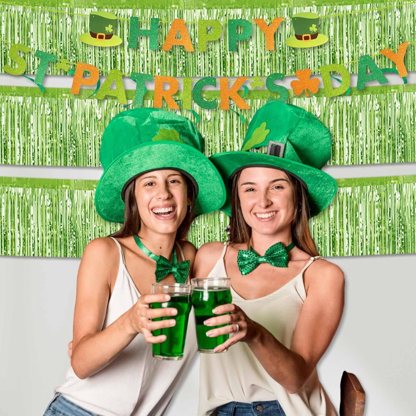 4 Pack 10 Ft Light Green Foil Fringe Garland Metallic Streamers Tinsel Banner Wall Hanging Garland Backdrop for Parade Floats, Halloween, Christmas, Thanksgiving, New Year Party Decorations