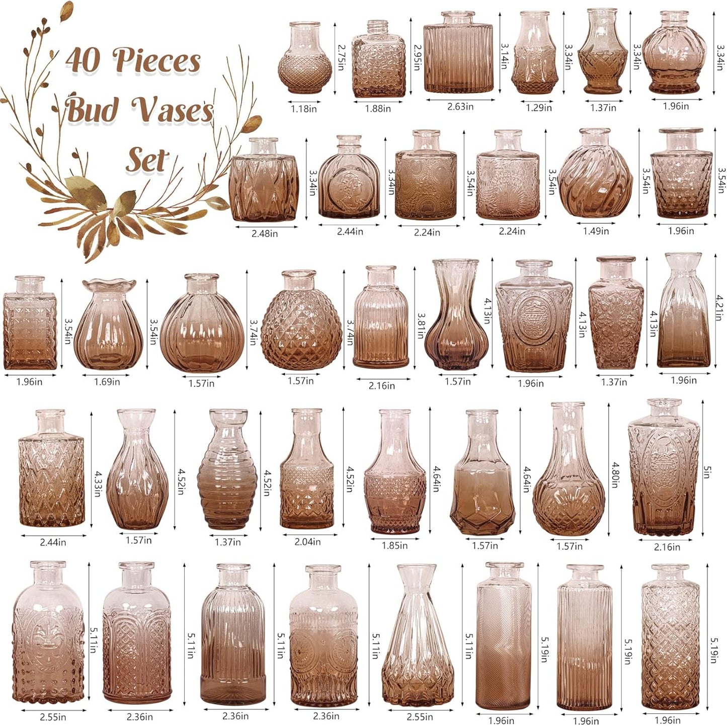 Set of 40 Glass Bud Vases, Small Amber Glass Vases in Bulk, Mini Vintage Embossed Flower Vase for Wedding, Centerpieces, Birthday Party, Baby Shower, Home Table Decorations (Amber)