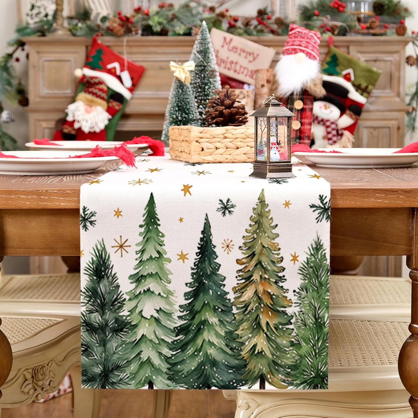 GEEORY Christmas Table Runner 13x48 Inch, Xmas Tees Snowflakes Holiday Decorative Farmhouse Table Decoration for Kitchen Dinning, Indoor Outdoor Dinner Party Decor (Light Green) GT166-48