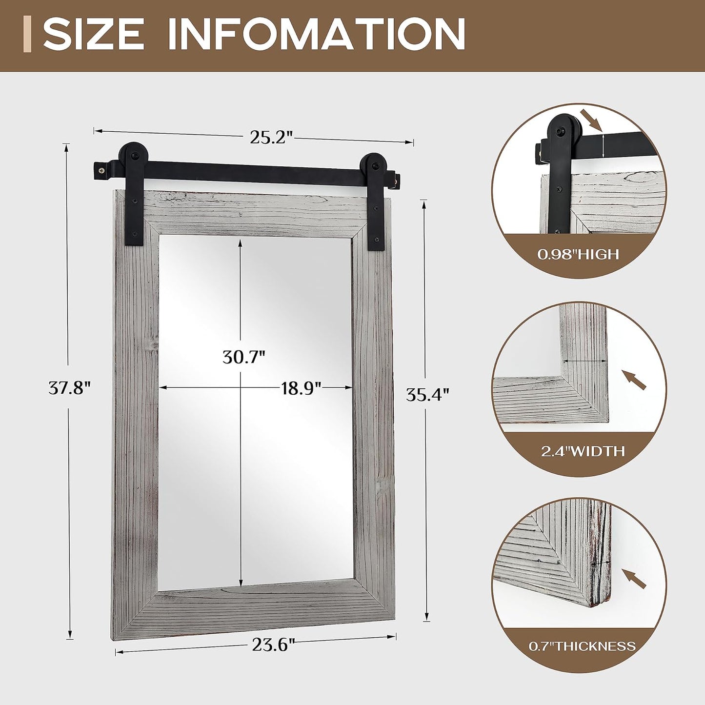 COGOOD Farmhouse Barn Door Mirror - 25 x 38 Rustic Bathroom Mirror for Living Room, Entryway, Vanity Wall Decor (Grey)