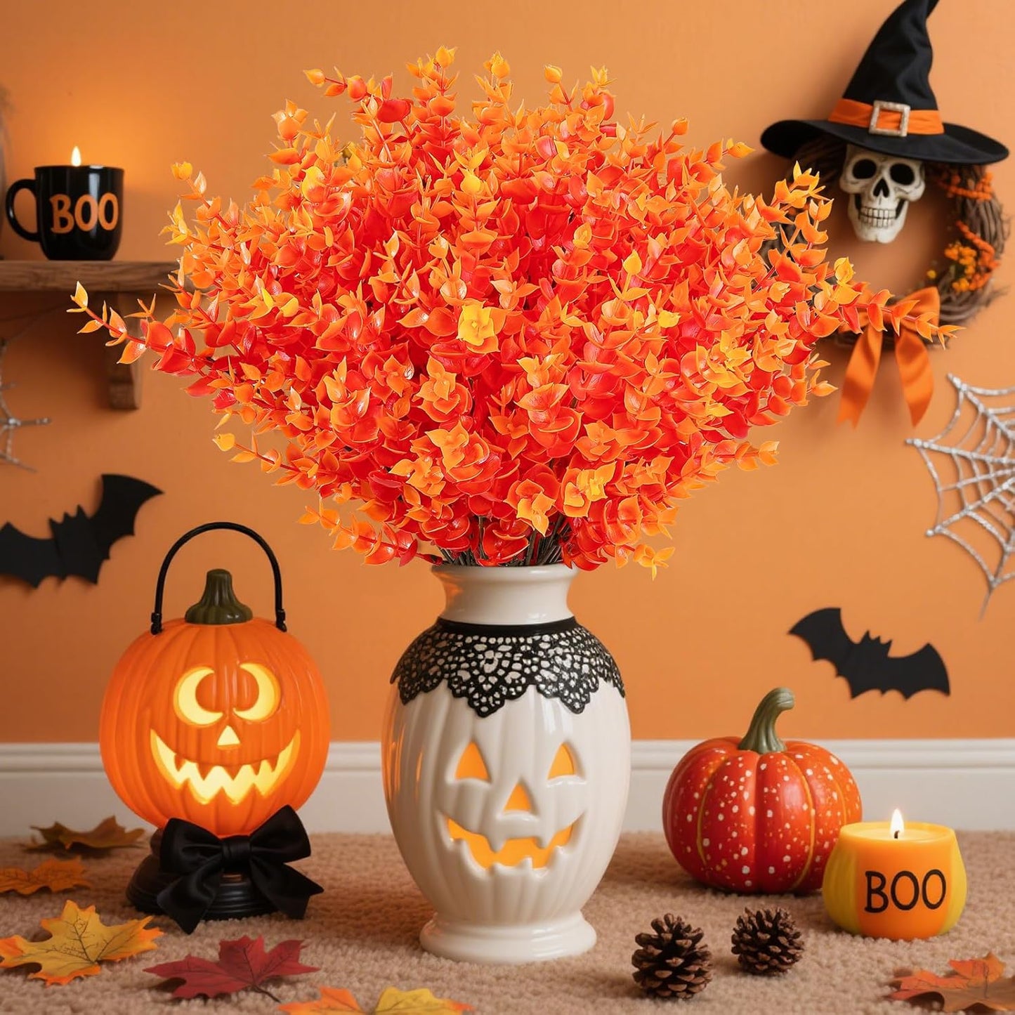 AmyHomie 20 Bundles Orange Fall Decor Artificial Flowers for Outdoor UV Resistant Faux Eucalyptus No Fade Fake Mums Plastic Plants Garden Porch Window Box Decorating