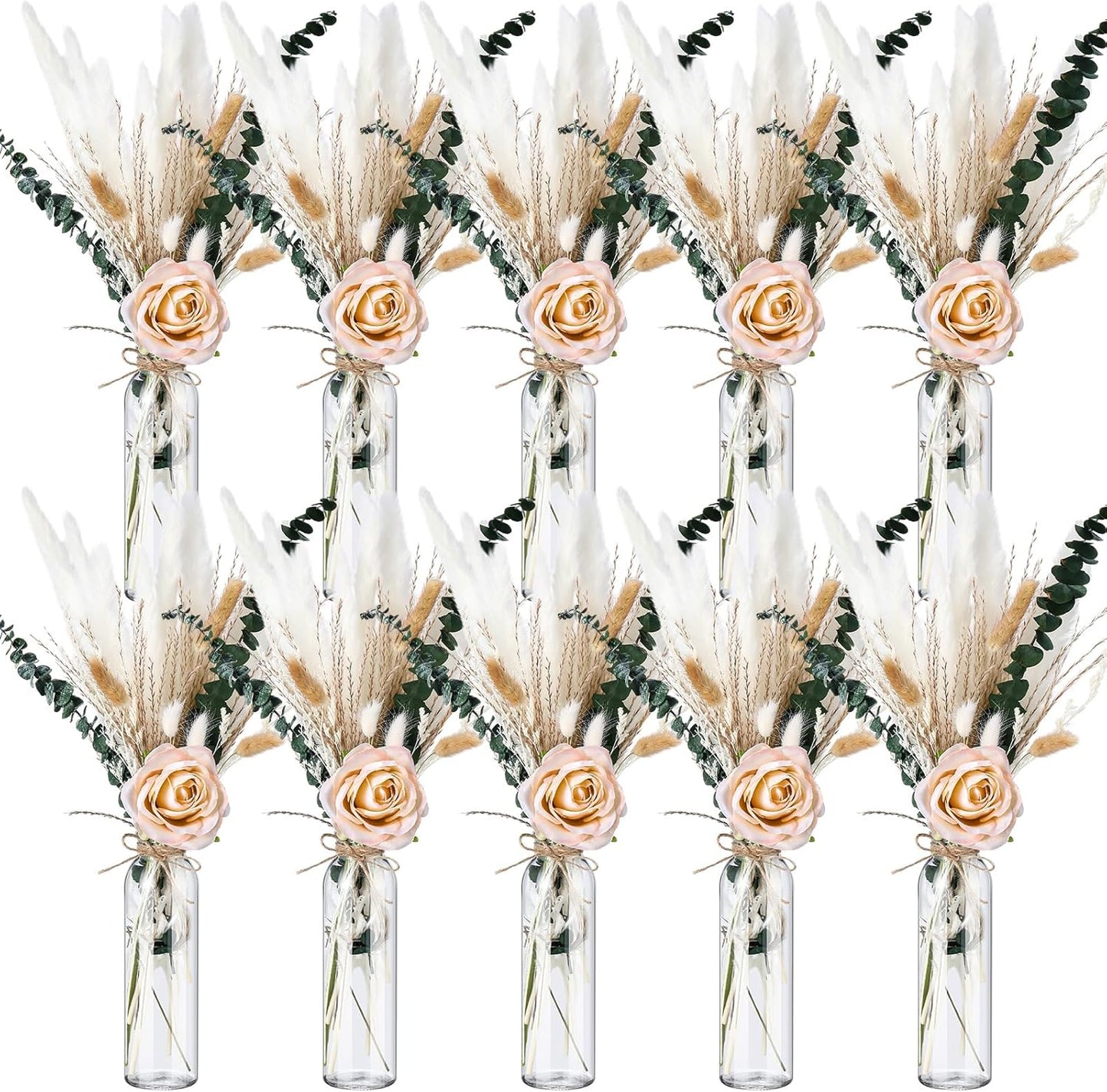 10 Set Dried Pampas Grass Centerpiece for Wedding 10 Clear Glass Jars 10 Artificial Roses 80 Dried Pampas Grass with Rope for Baby Shower Rustic Bridal Party Farmhouse Decoration (Champagne)