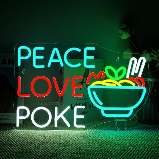 Looklight Peace Love Poke Ramen Neon Sign,Noodles Led Lights Neon Lights for Wall Decor USB Light Up Signs for Restaurant Kitchen Dinning Room Japanese Noodle Shop