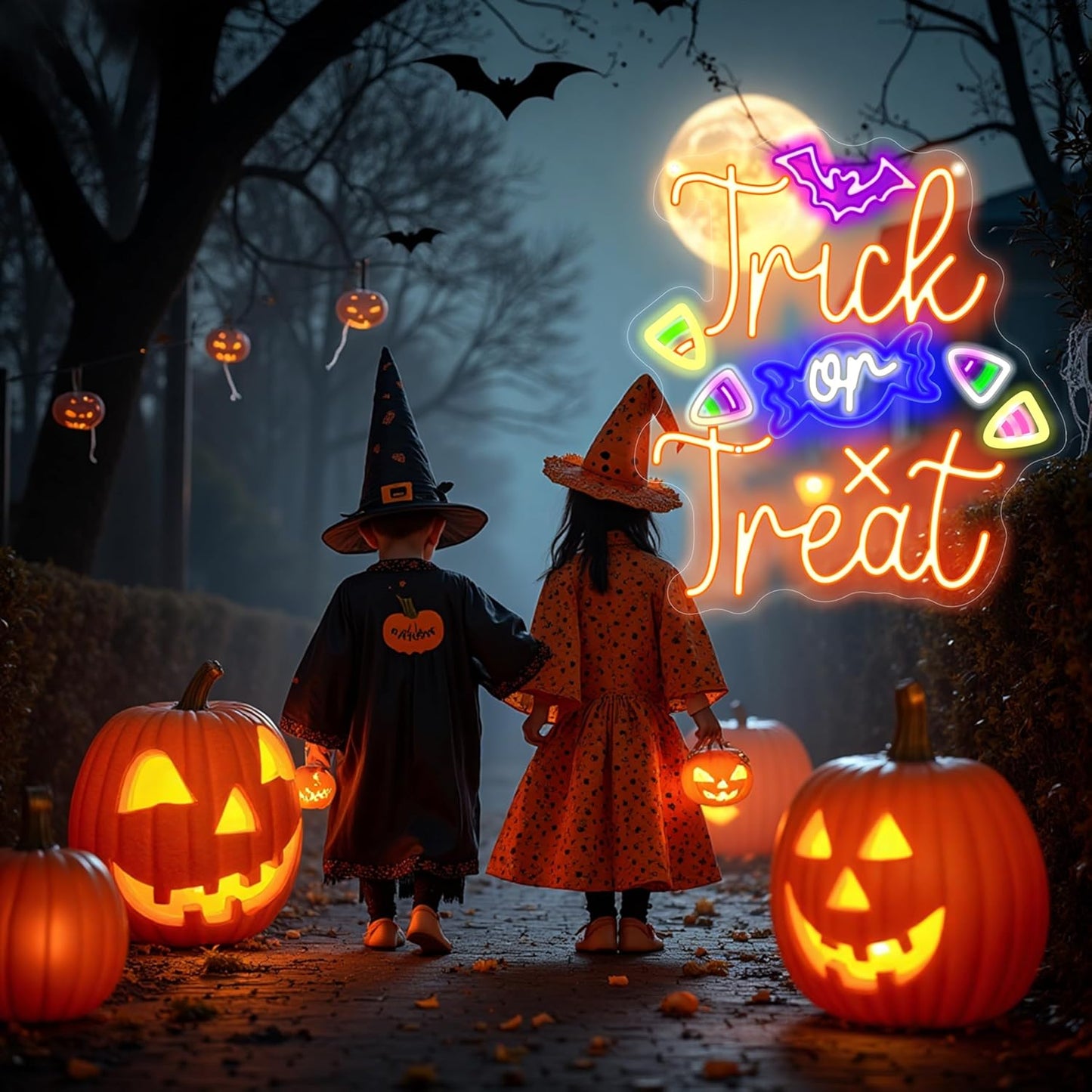Trick or Treat Neon Sign, Halloween Decorations, Night Light for Yard Garden Party Event Decor, Halloween Hanging Neon Sign for Home Bar Salon Coffee Stores Window Porch Front Door Halloween Decoration