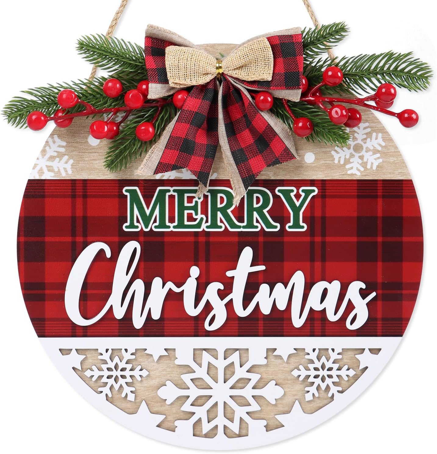 CHDITB 3D Merry Christmas Front Door Sign Wreath(11.4”), Red Black Bufflao Plaid Christmas Decoration Wall Hanging with Snowflakes Berries Mistletoe, Rustic Farmhouse Xmas Decor for Home Winter Party