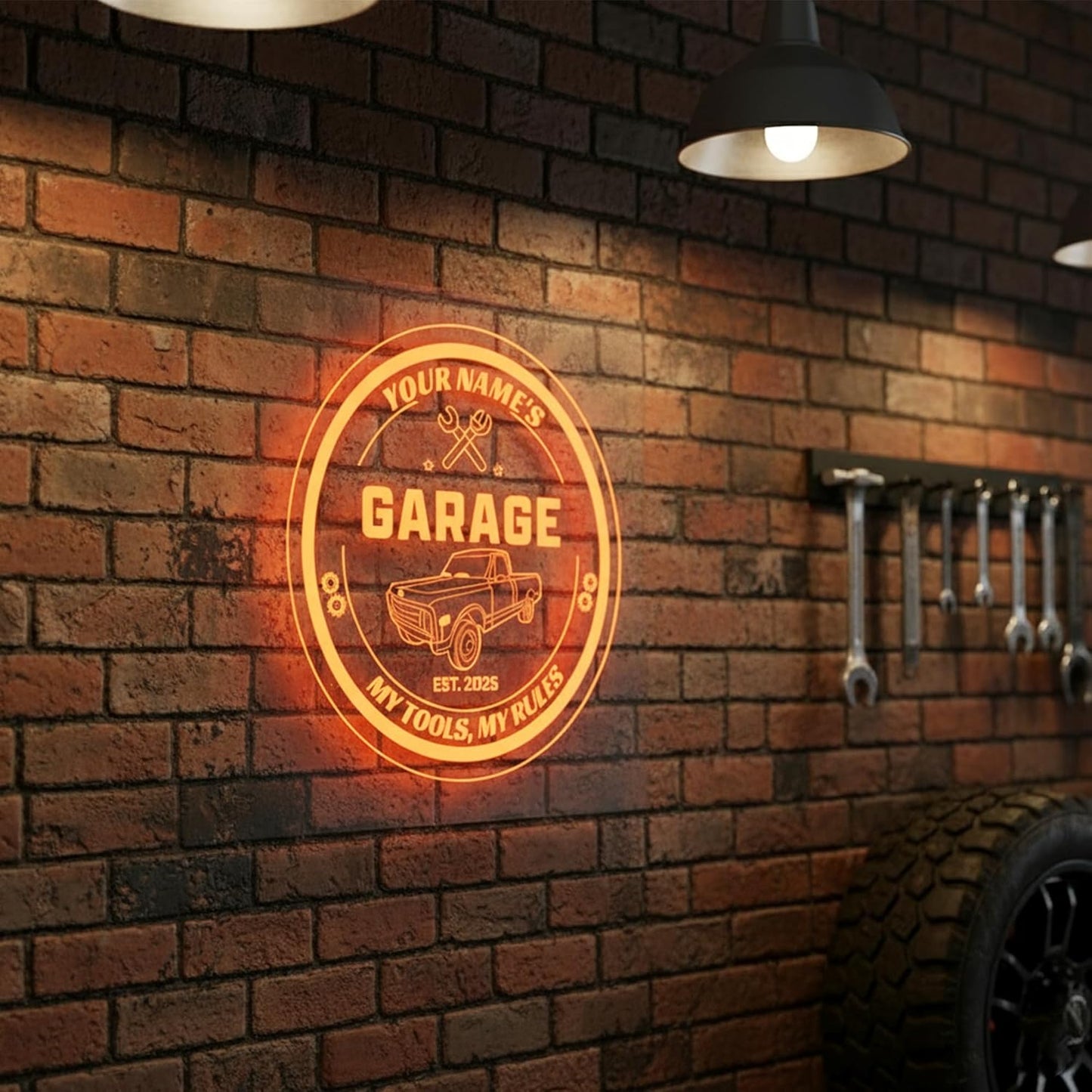 Custom Pickup Truck Garage Sign – Personalized LED Color Changing Acrylic Wall Decor for Garage, Workshop, or Man Cave (Garage 1, 20 INCHES)