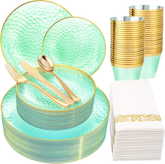 Rubtlamp 175 Pcs Green Plastic Plates Dinnerware Set (25 Guests), Hammered Plates Sets, Green Plastic Party Plates Set include 50 Disposable Plates Set, 75 Gold Plastic Silverware, 25 Cups 25 Napkins