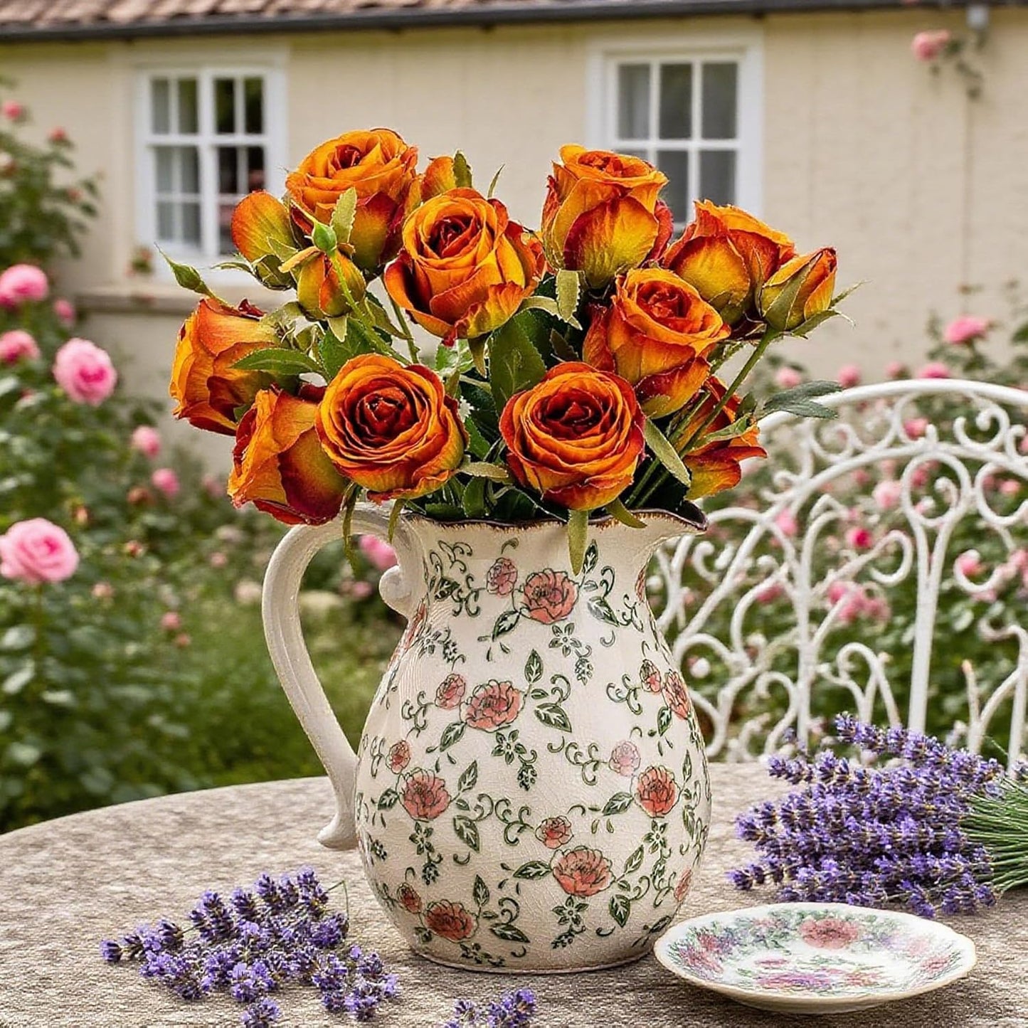 Green and White Vintage Vase with Handle, Red Rose Chinoiserie Floral Pitcher Vase, Rustic Ceramic Farmhouse Vases for Home Decor, Living Room, Bookshelf, Office, Grand Millennial Decor 7.9 Inch