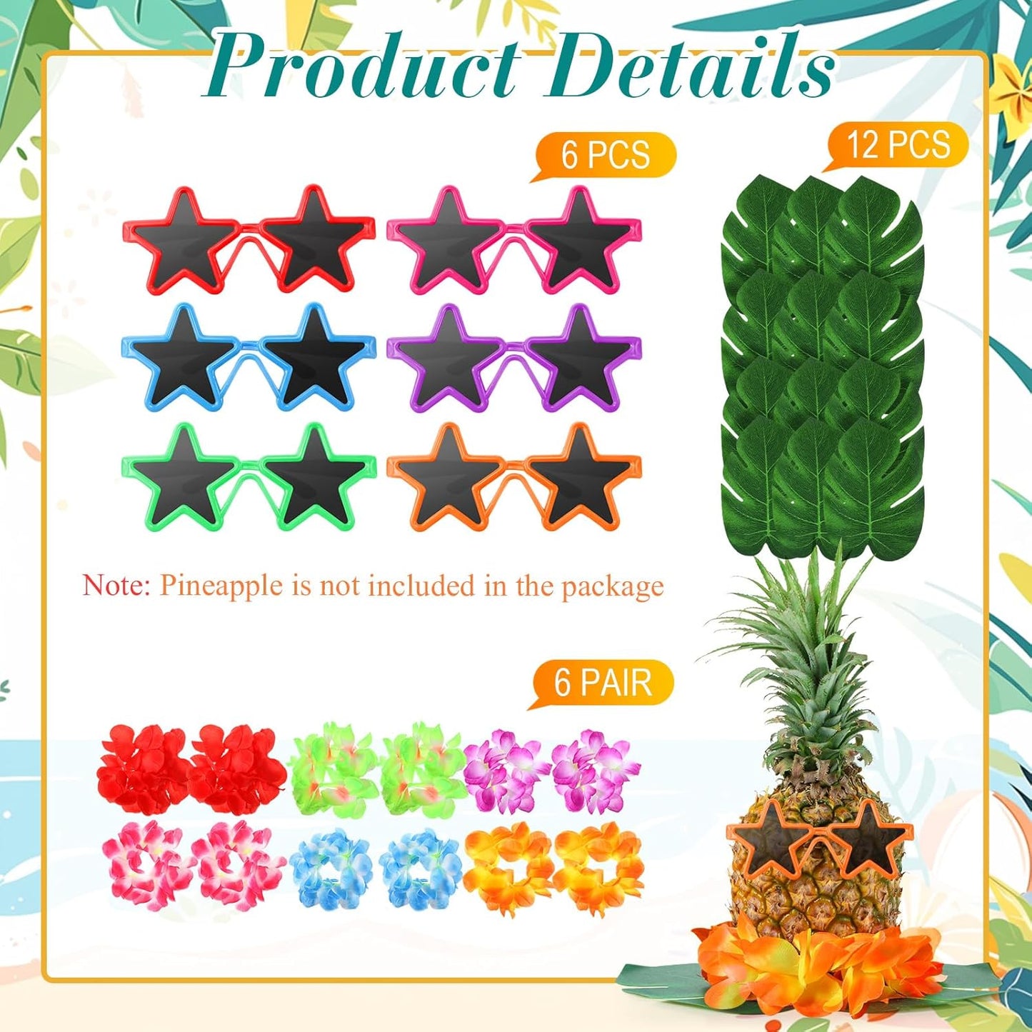 6 Sets Hawaiian Table Centerpieces Pineapple Luau Party Table Decorations Tropical Decor for Beach Summer Party(Star)